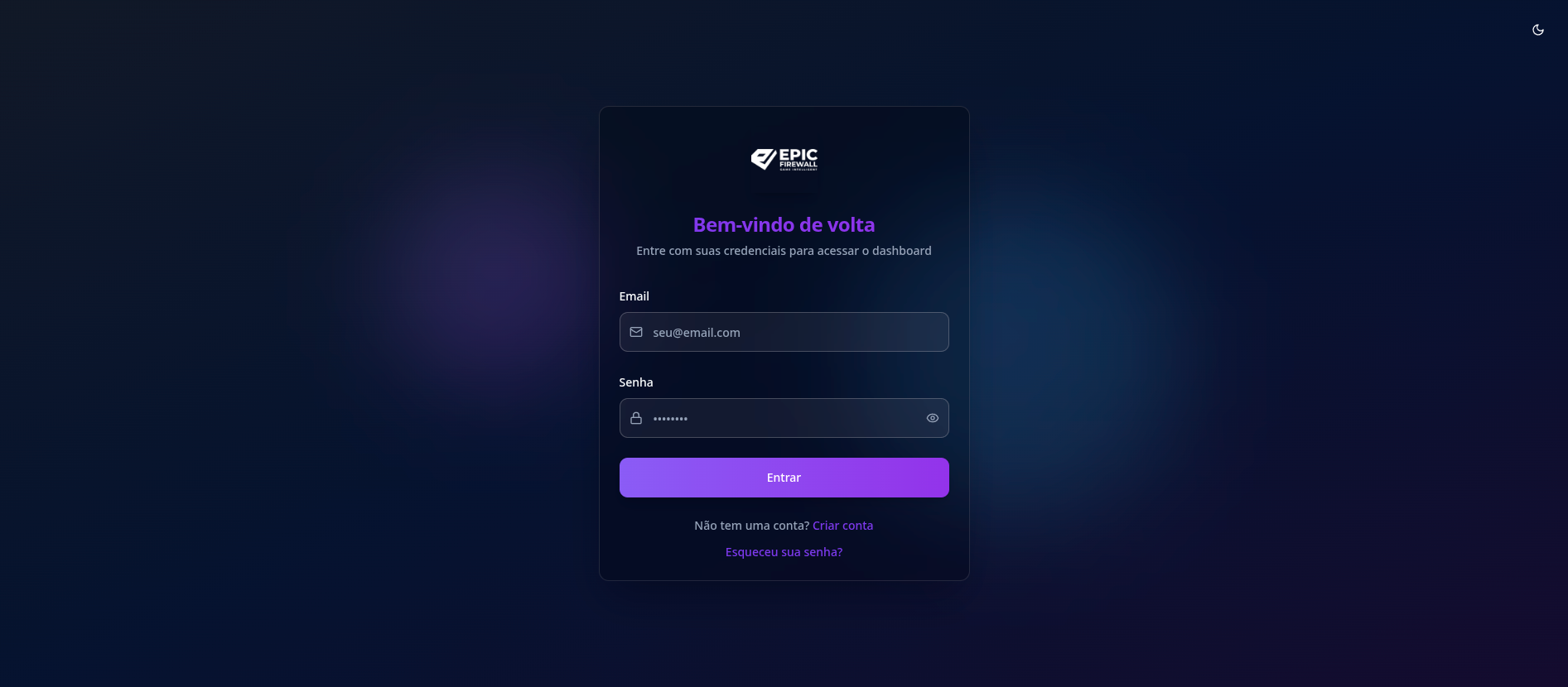 Tela de login do EPIC Shield