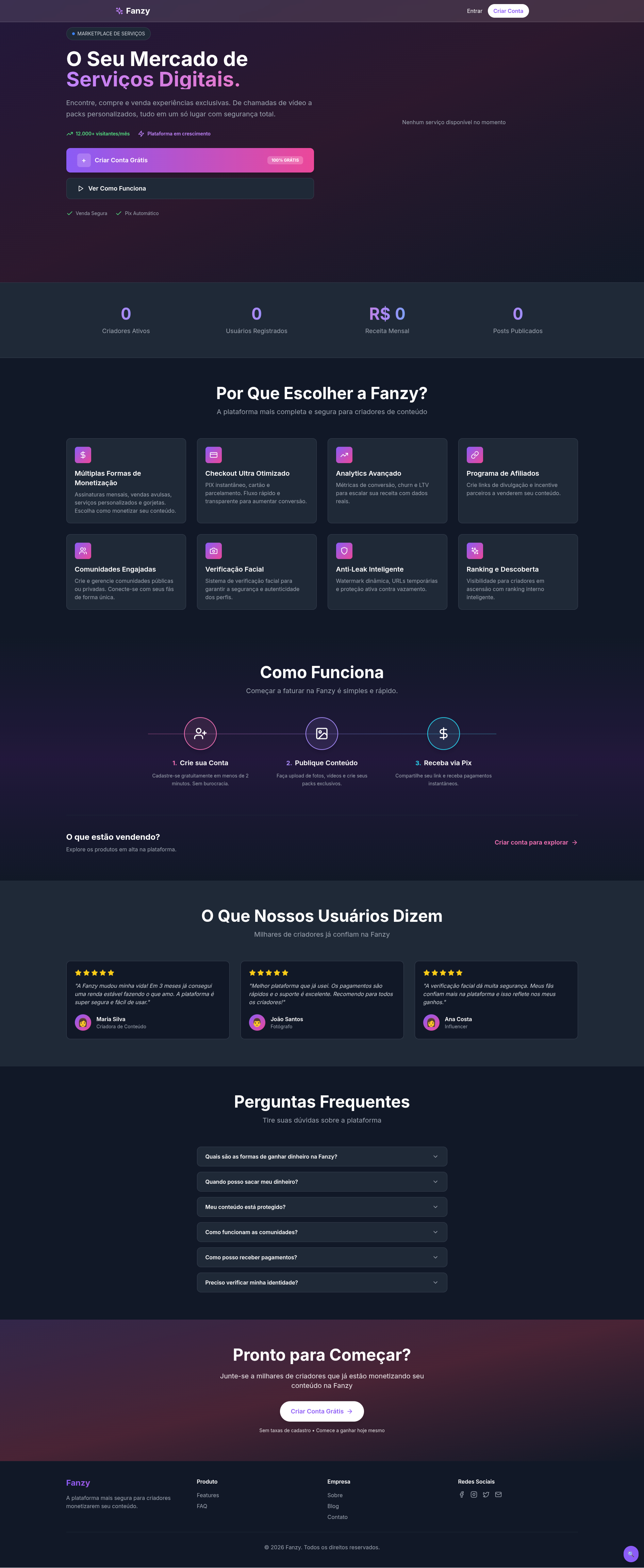 Landing page da plataforma Fanzy
