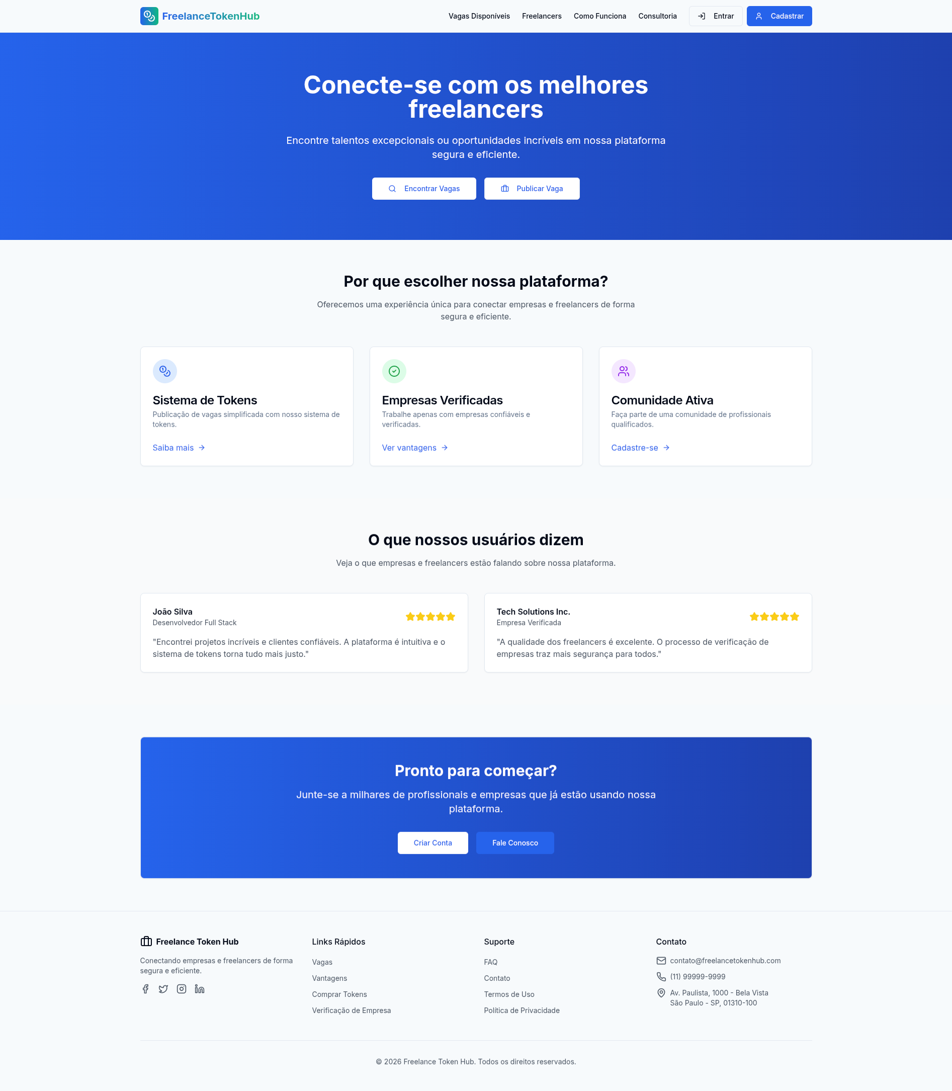 Página inicial do Freelance Token Hub
